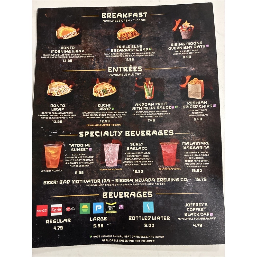 Walt Disney World Ronto Roasters Menu Star Wars Galaxy Edge Hollywood Studios